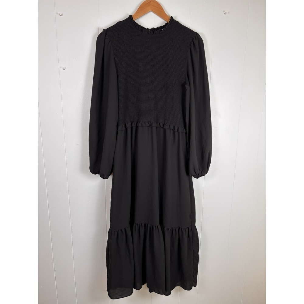 Nanette Lepore Sz Small Black Smocked‎ Prairie Long Sleeve Midi Dress Cottage